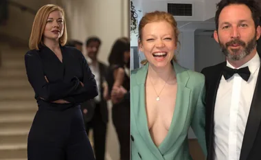 "Sarah Snook as Shiv Roy from Succession on the left; Sarah Snook smiling with a man in formal attire on the right."