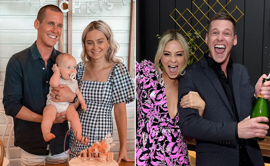 "Two couples smiling. Left: Couple with a baby. Right: Couple popping champagne."