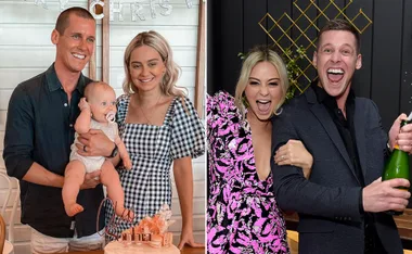 "Two couples smiling. Left: Couple with a baby. Right: Couple popping champagne."