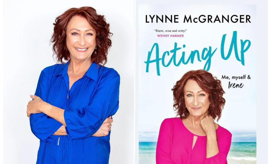 Portrait of Lynne McGranger smiling in a blue shirt; her memoir "Acting Up" cover shows her in pink by the beach.