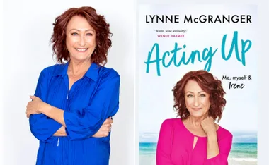 Portrait of Lynne McGranger smiling in a blue shirt; her memoir "Acting Up" cover shows her in pink by the beach.