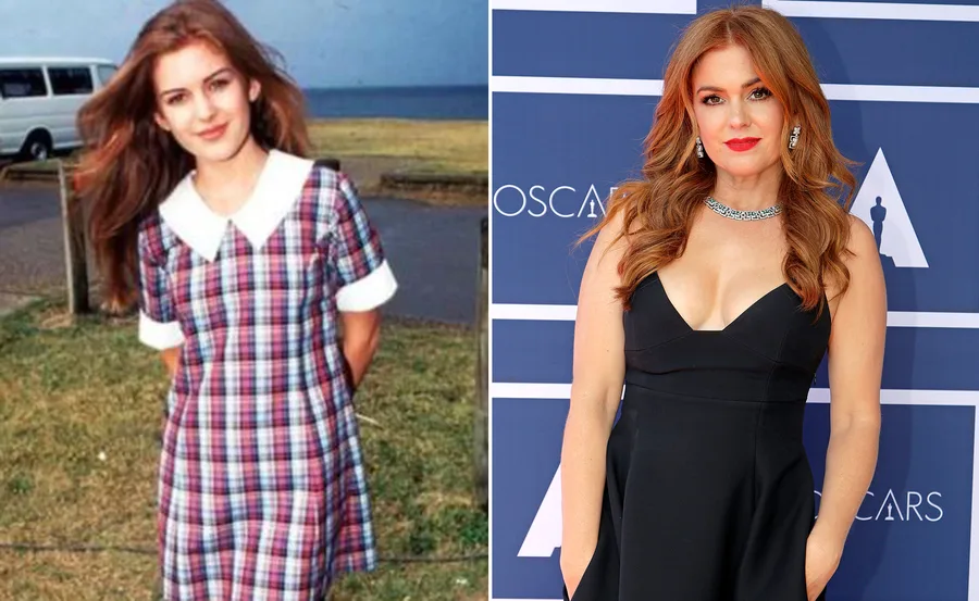 "Side-by-side of Isla Fisher as Shannon on 'Home and Away' and at a red carpet event in a black dress."