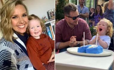 Woman and child smiling; man and child celebrating with a Bluey-themed cake.