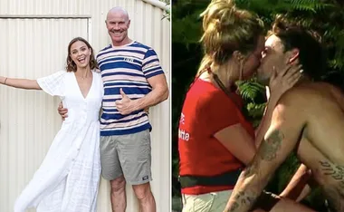 Couples from "I'm a Celebrity Australia" with two people smiling on left, and a couple kissing on right.