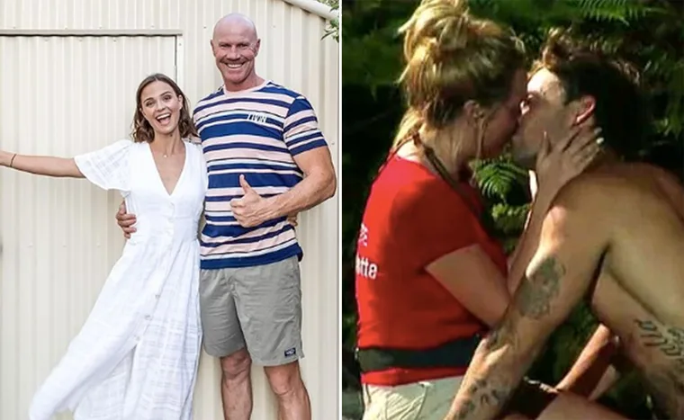 Couples from "I'm a Celebrity Australia" with two people smiling on left, and a couple kissing on right.