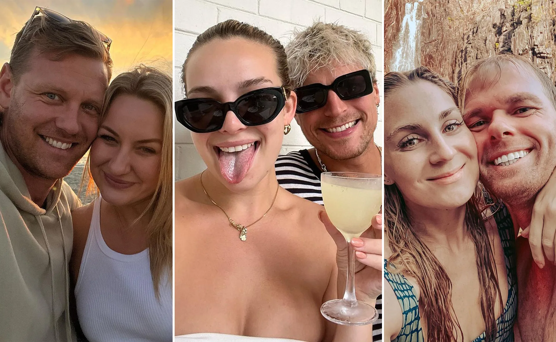 Three couples smiling together in different settings, showing happiness and closeness.