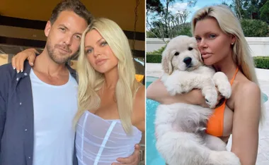 Couple embraces; woman cuddles golden retriever puppy by pool.