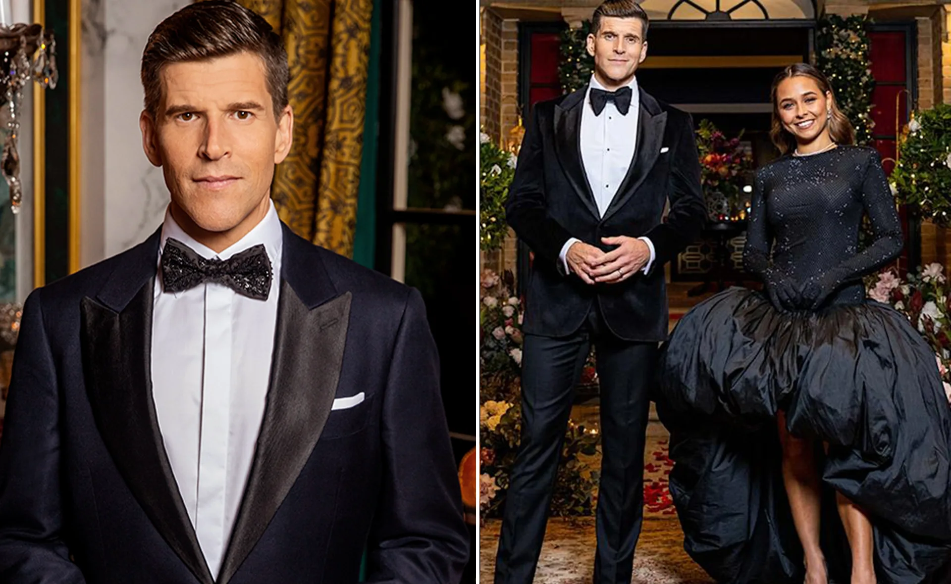 "Man in tuxedo with bow tie on left; same man with woman in elegant dress on right, in formal setting."