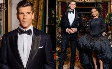 "Man in tuxedo with bow tie on left; same man with woman in elegant dress on right, in formal setting."