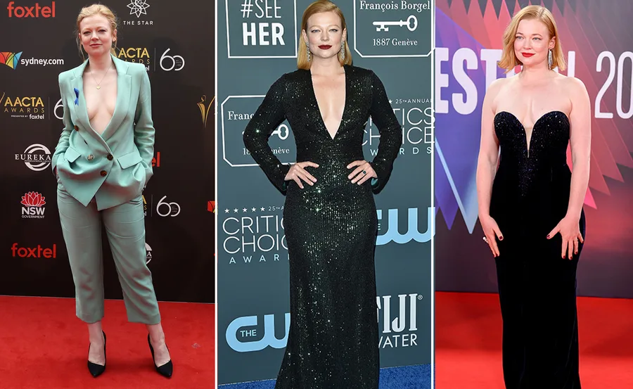 Sarah Snook in three diverse red carpet outfits: a mint suit, sequined green gown, and a black strapless dress.