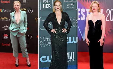 Sarah Snook in three diverse red carpet outfits: a mint suit, sequined green gown, and a black strapless dress.