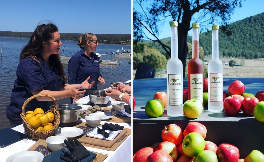 Women discussing food by a lake and bottles of Wildbrumby apple spirits with apples on a table outdoors.