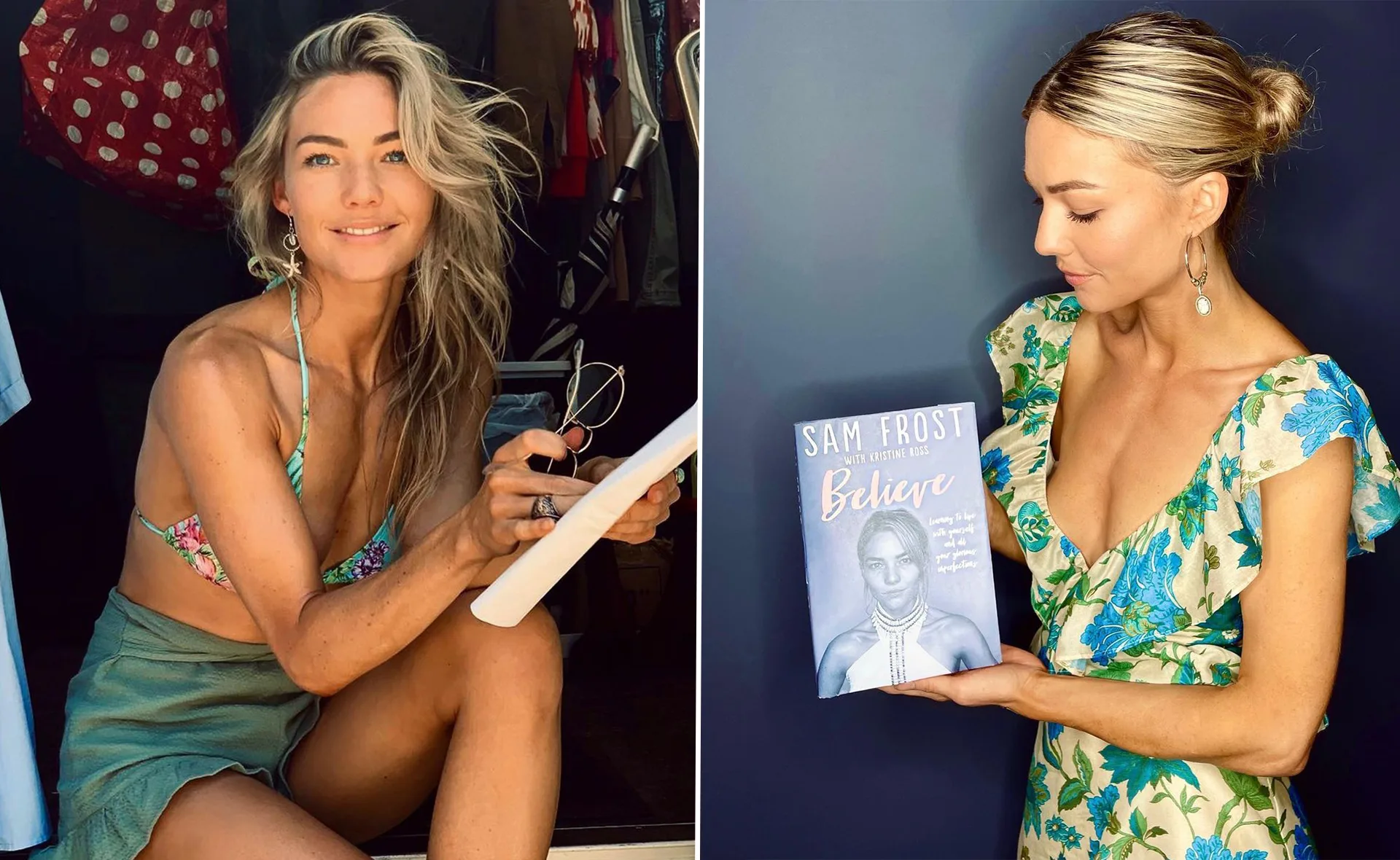 Woman in floral dress holds a book titled "Sam Frost Believe" with her photo on the cover, smiling in two images.
