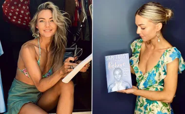 Woman in floral dress holds a book titled "Sam Frost Believe" with her photo on the cover, smiling in two images.