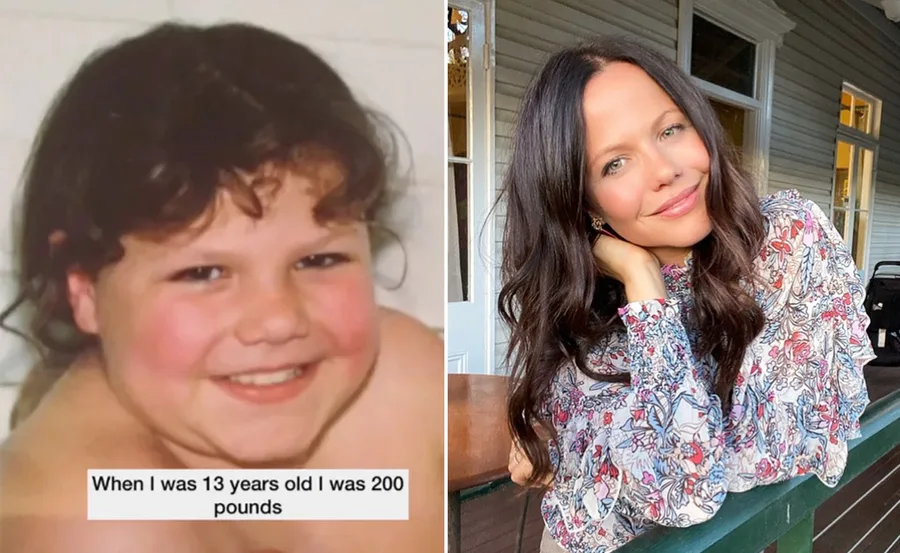 Side-by-side photos of a woman as a child with a caption about weight and a smiling adult woman in a floral top.