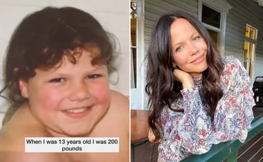 Side-by-side photos of a woman as a child with a caption about weight and a smiling adult woman in a floral top.