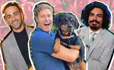 Three men, each in separate cut-out frames; middle man holding a large black and tan dog, rose background.