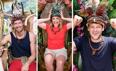 Three individuals are smiling and wearing elaborate jungle-themed crowns, celebrating in a jungle setting.