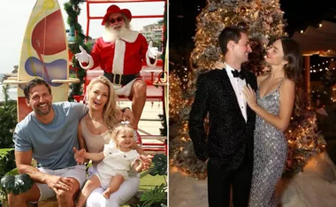 Family and Santa at the beach; couple in formal attire beside a Christmas tree at night.