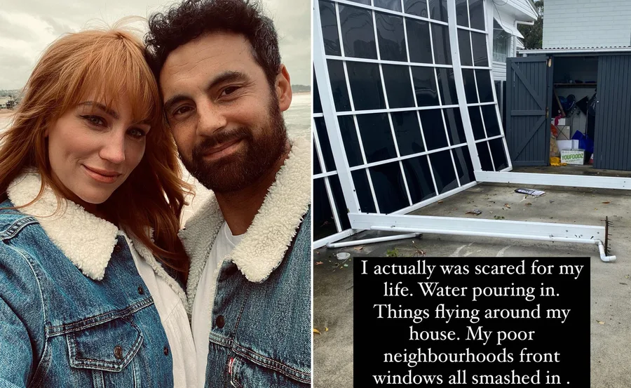 Couple smiling outdoors on left; damaged windows and shed with text about fear during storm on right.