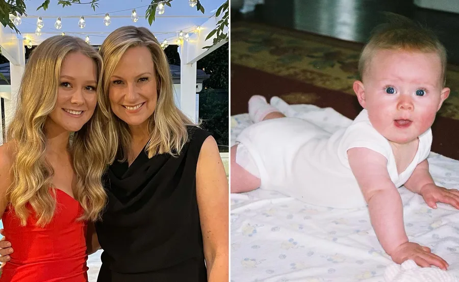Two-image collage: left, two women smiling; right, a baby in white on stomach looking at the camera.