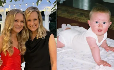 Two-image collage: left, two women smiling; right, a baby in white on stomach looking at the camera.