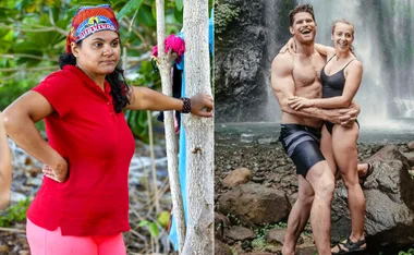 "Survivor 2022 contestant in red outfit by a tree; a couple poses by a waterfall wearing swimsuits."