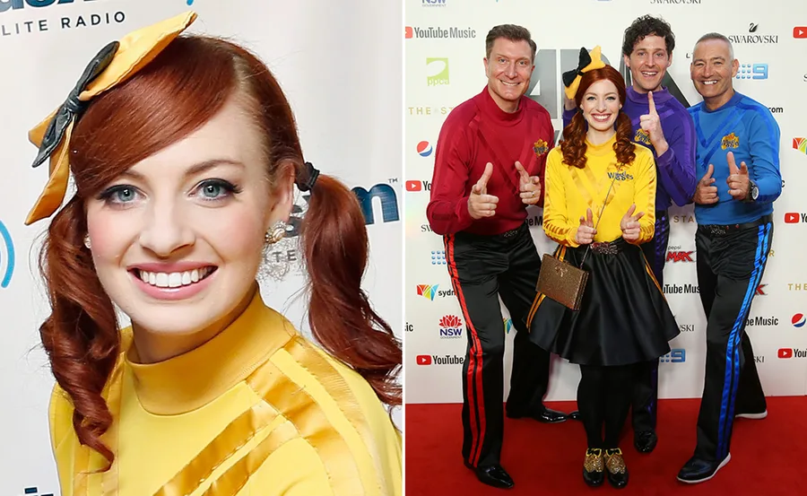 Yellow Wiggle Emma Watkins in costume with fellow Wiggles members in colored outfits on a red carpet event.