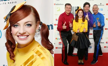 Yellow Wiggle Emma Watkins in costume with fellow Wiggles members in colored outfits on a red carpet event.
