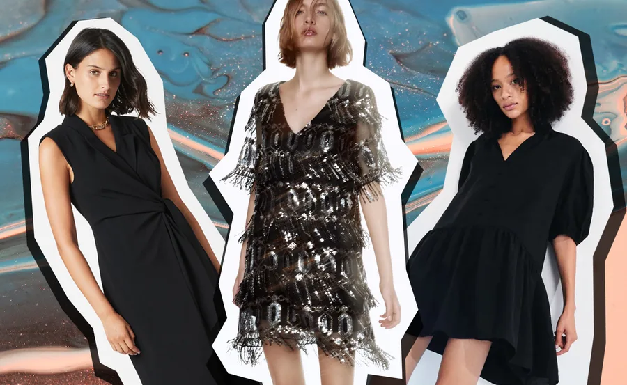 Women modeling three stylish black dresses on an abstract background.