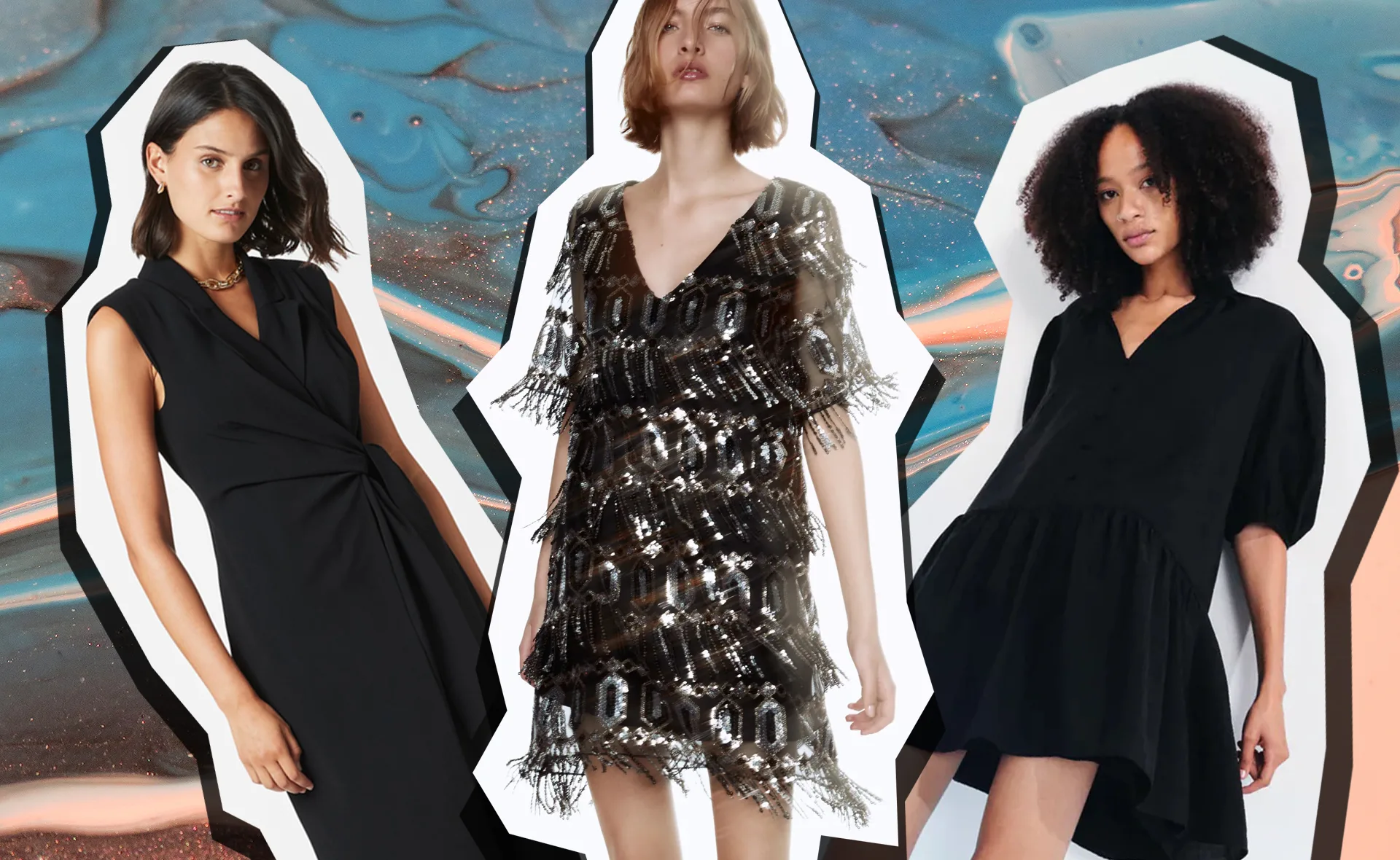 Women modeling three stylish black dresses on an abstract background.