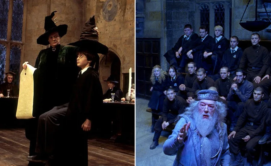 "Harry being sorted with Professor McGonagall, and Dumbledore with students in the Great Hall at Hogwarts."