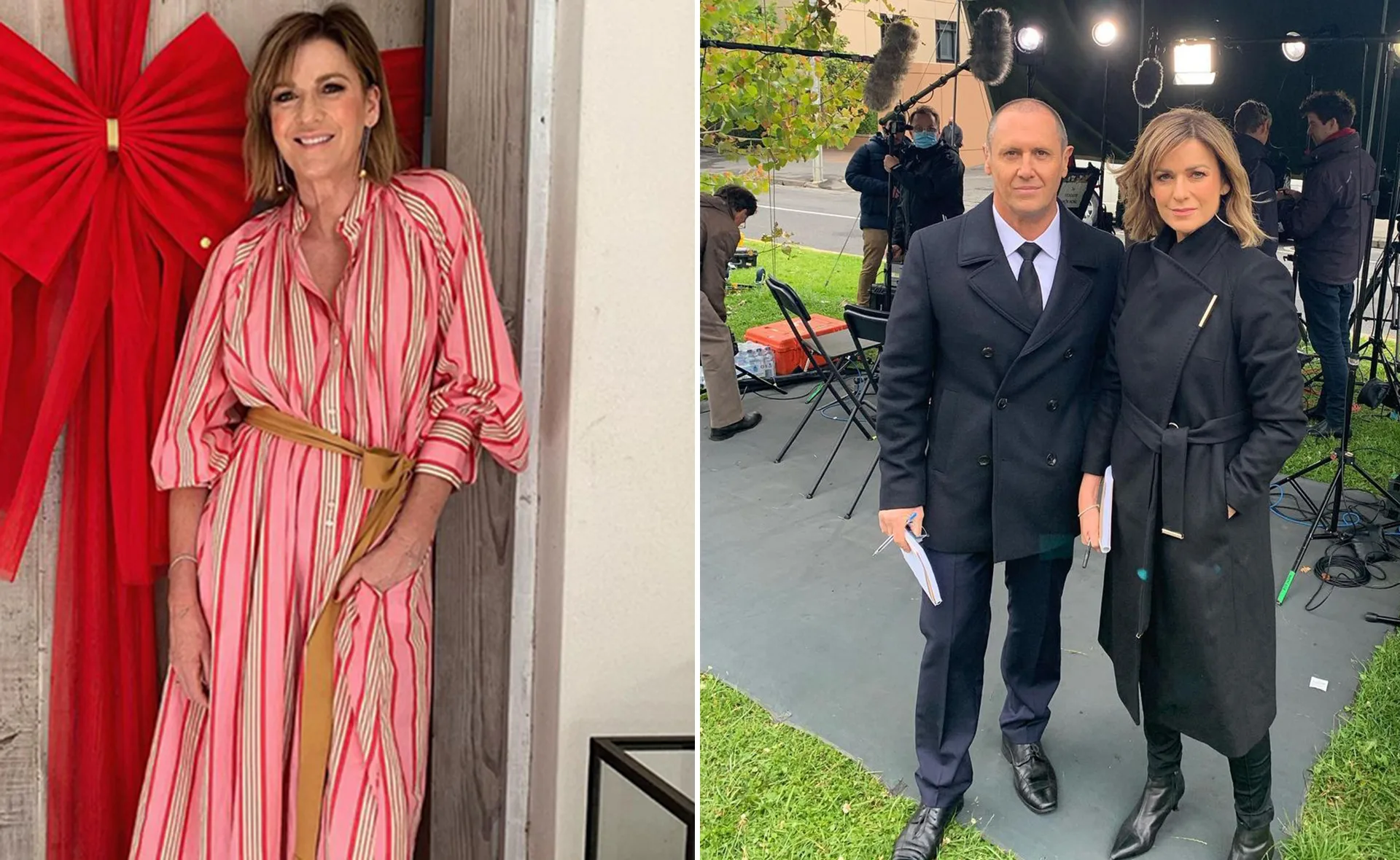 Kylie Gillies poses in striped dress; two people in black coats stand on a film set outdoors.