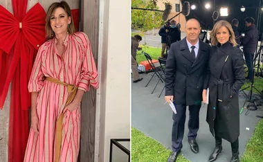 Kylie Gillies poses in striped dress; two people in black coats stand on a film set outdoors.