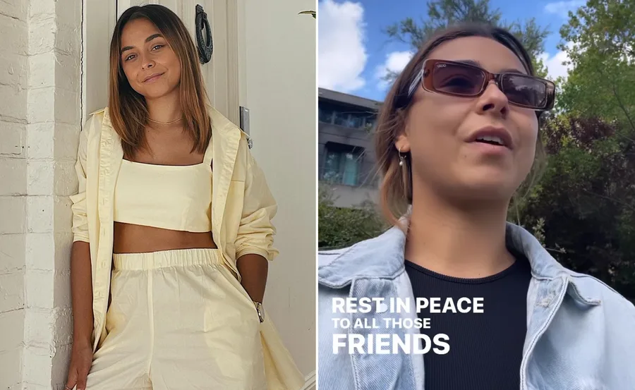 Two images: left shows a woman in yellow outfit indoors; right shows her outdoors in sunglasses with text, "Rest in peace to all those friends."