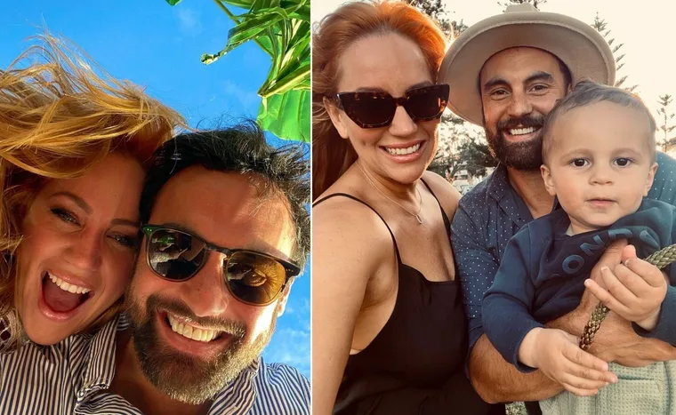 Couple smiling at camera (left); woman with sunglasses, man, and child outdoors (right).