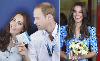 Duchess of Cambridge in a playful moment with her husband, showing a badge, and later smiling while holding flowers.