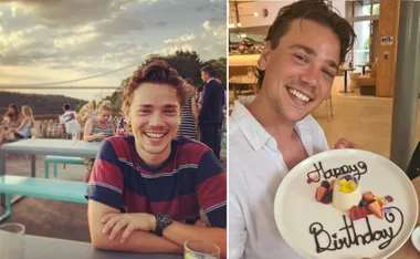 Smiling person outdoors at sunset and holding a "Happy Birthday" plate with dessert indoors.