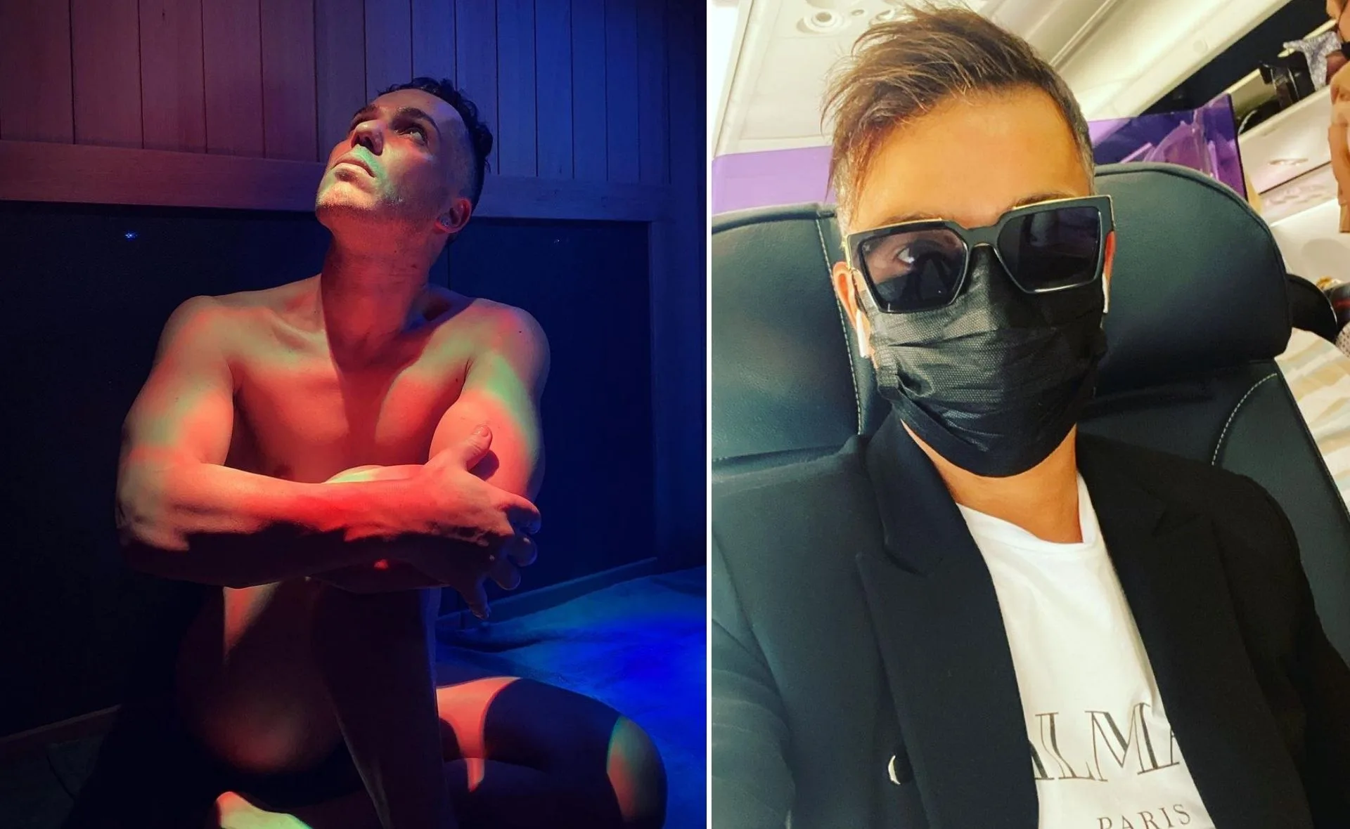 Shirtless man seated with colorful lighting; man with sunglasses and mask sitting on airplane.