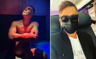 Shirtless man seated with colorful lighting; man with sunglasses and mask sitting on airplane.