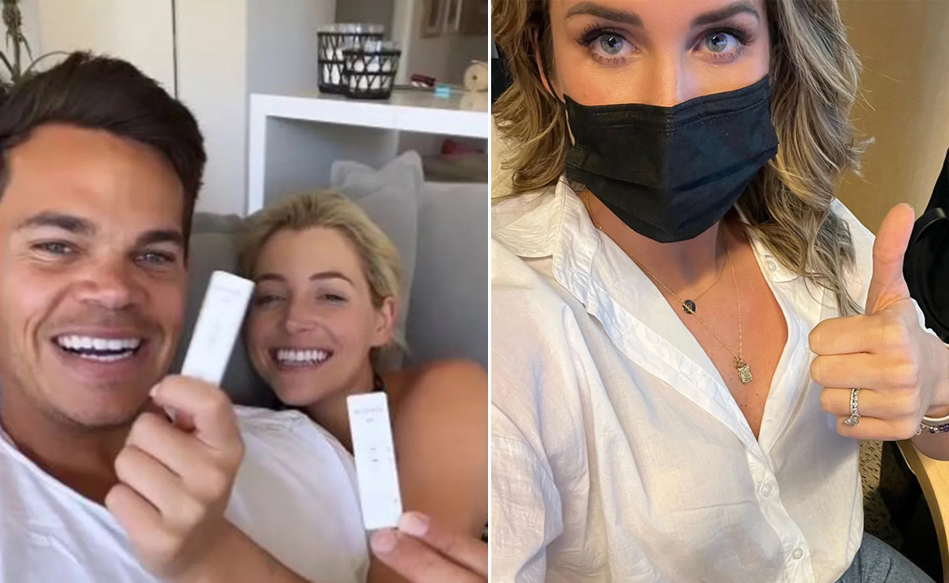 Couple smiling with COVID tests; woman beside in mask giving thumbs up.