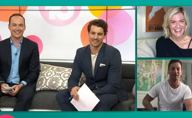 Studio 10 hosts sit on a couch with colorful background, and two guests are shown on screens via video call.