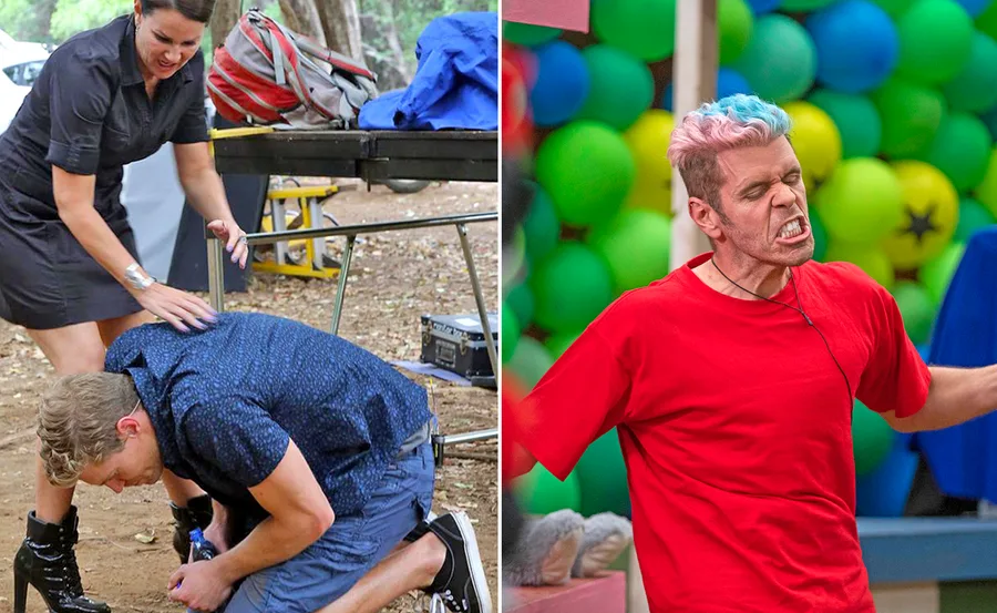 Two scenes from "I'm a Celebrity": Person getting comforted and a colorful-haired contestant in a challenge.
