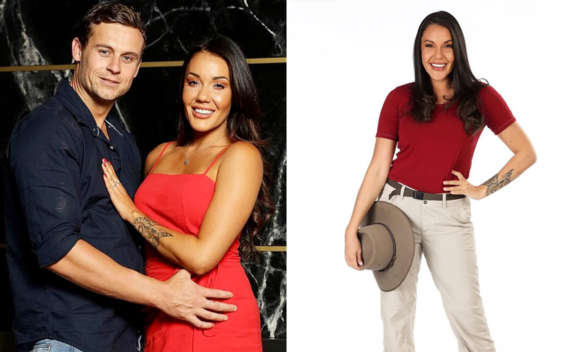 Couple posing together; woman wears red dress, man in blue shirt. Second image shows woman in red top, beige pants holding a hat.