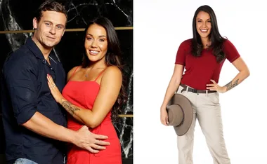 Couple posing together; woman wears red dress, man in blue shirt. Second image shows woman in red top, beige pants holding a hat.