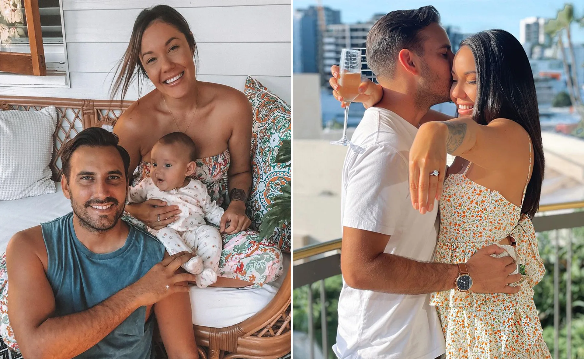 "Couple smiling on porch with baby; woman shows engagement ring with partner on balcony."