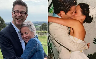A couple happily embraces outdoors; another moment shows them kissing on their wedding day.