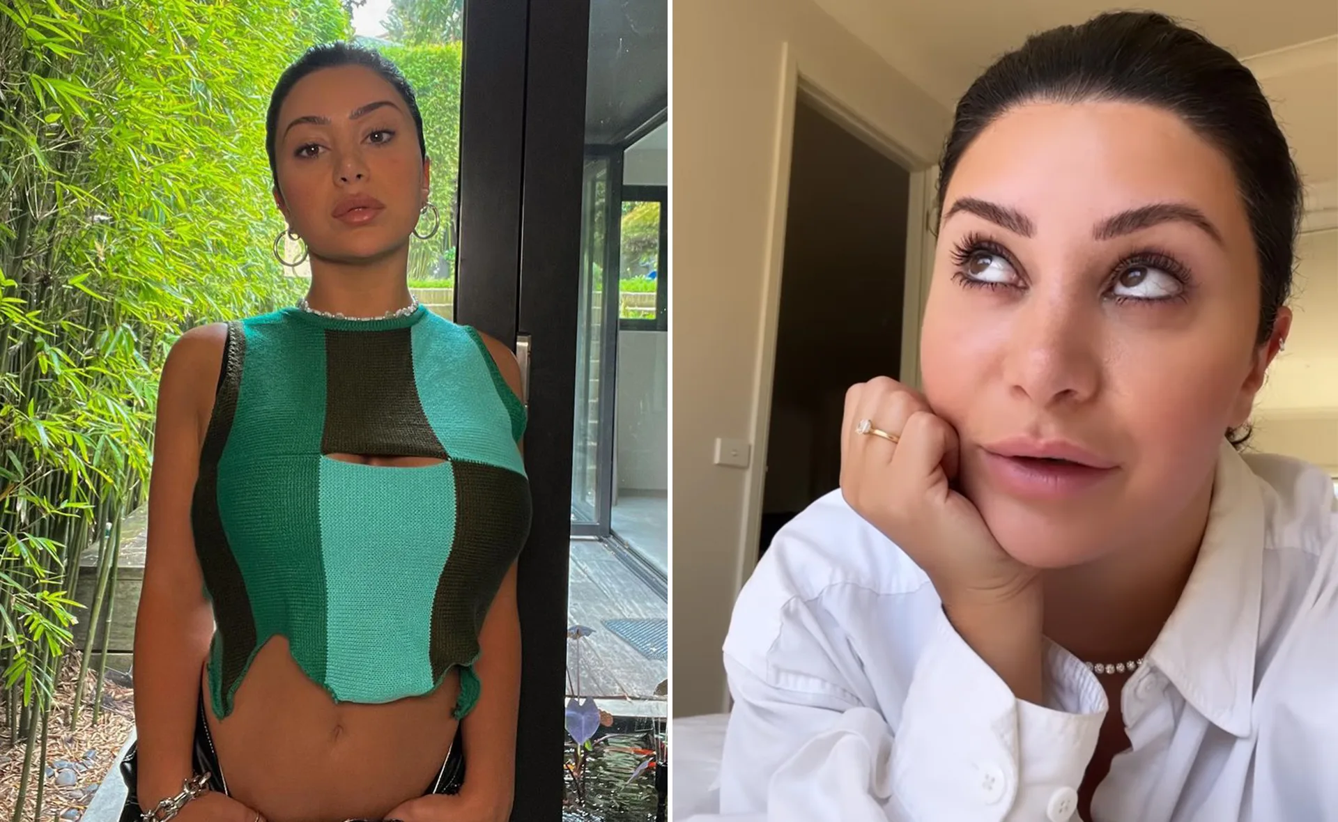 Two images of the same woman, one outdoors in a sleeveless top, the other indoors in a white shirt looking up.