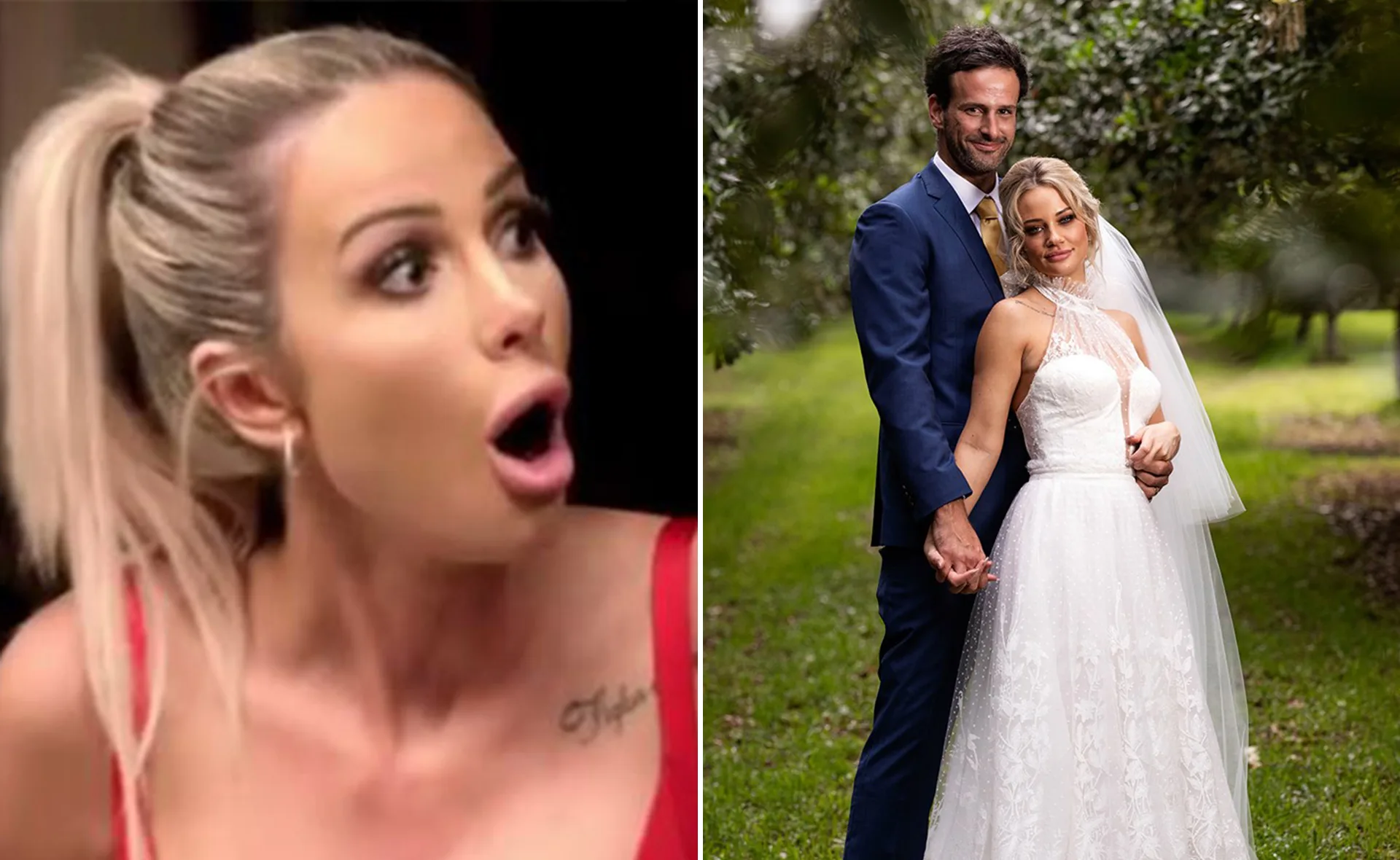 Woman in red top looks surprised; couple pose in wedding attire outdoors.