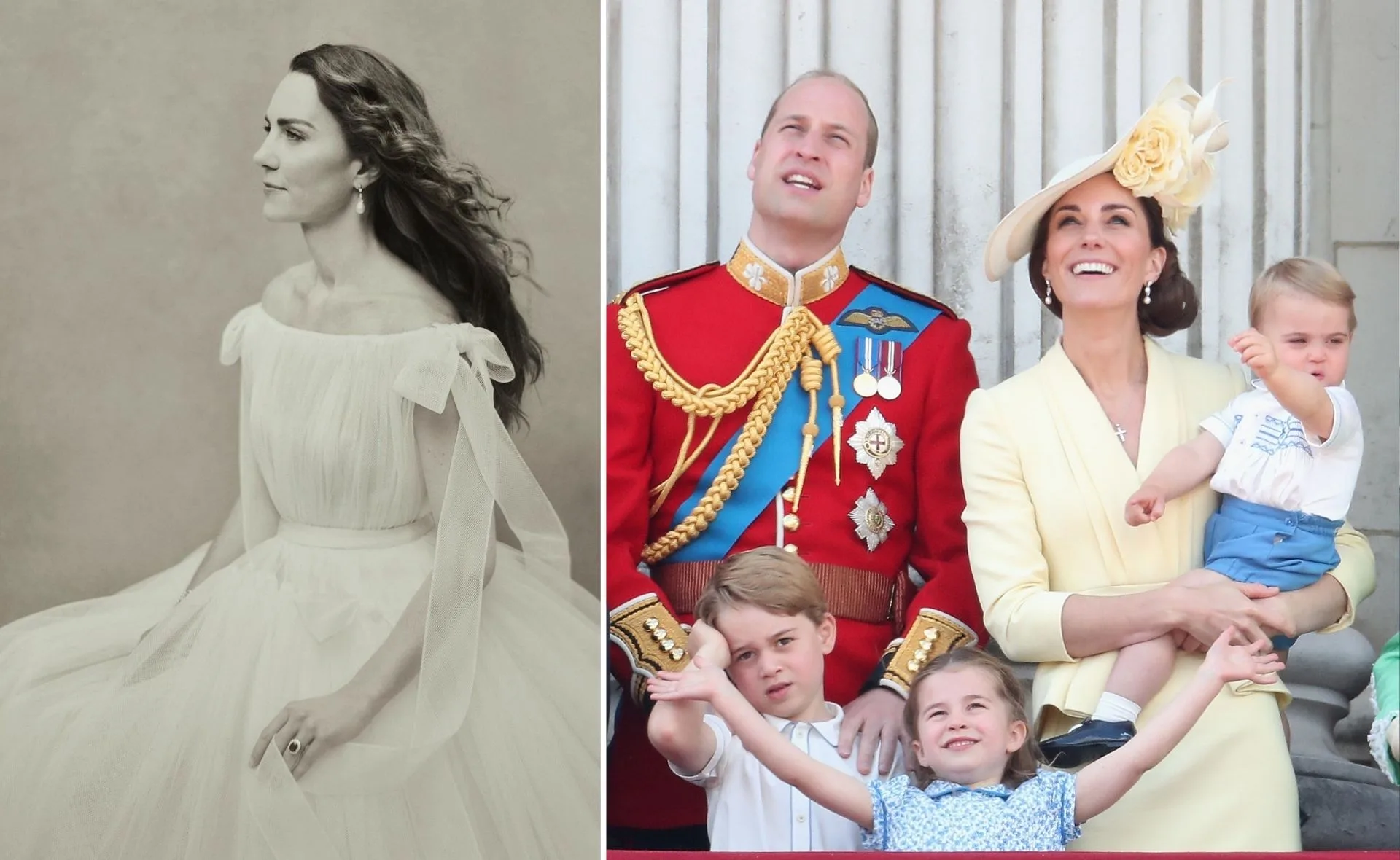 Kate Middleton in a white dress portrait by Paolo Roversi, and with family on a balcony during a ceremonial event.
